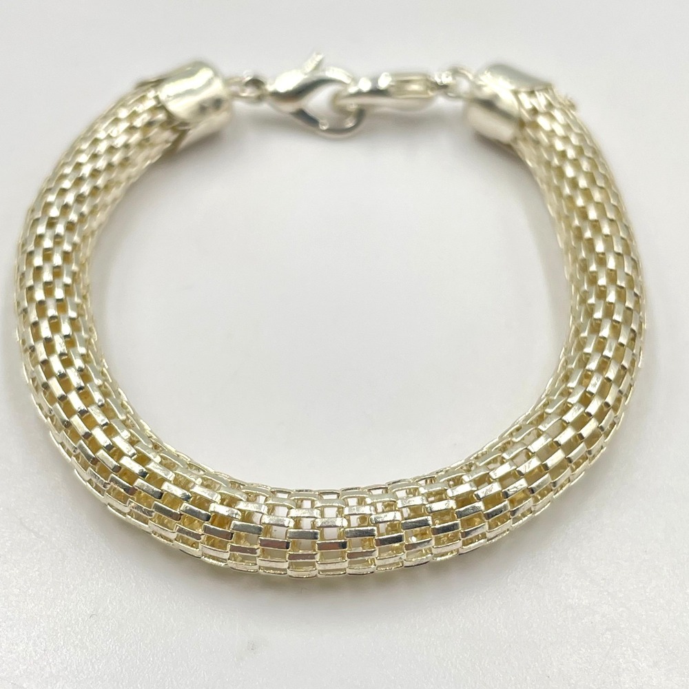 VTG Silver Tone Mesh Chain Chunky Statement Bangle Bracelet Retro Boho Lobster